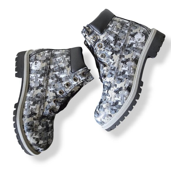 NIB Timberland Black White & Gray Camo Patterned Leather 6" Lug Sole Boots - Picture 4 of 16
